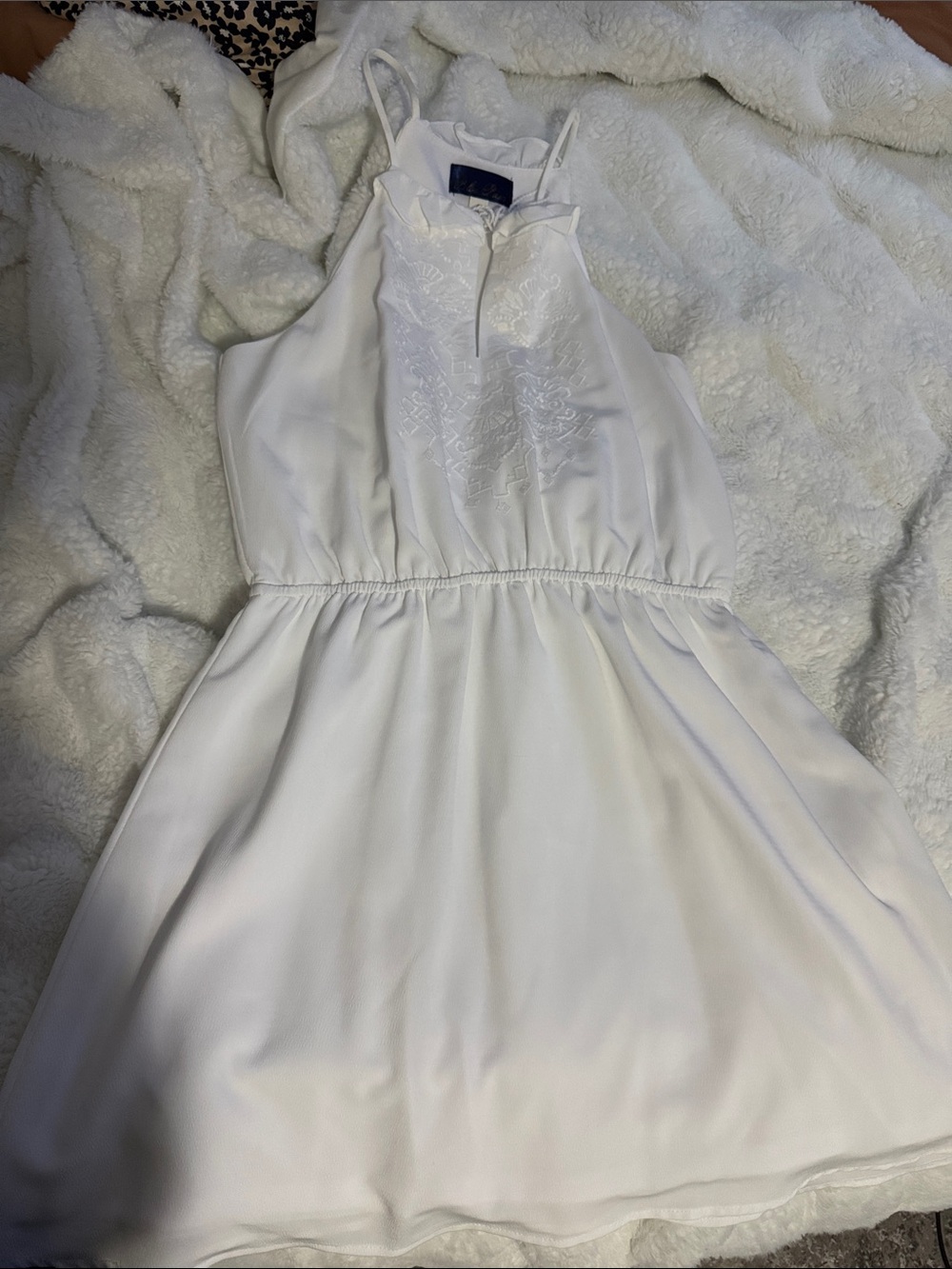 Blue Rain White Halter Mini Dress with Embroidered Front